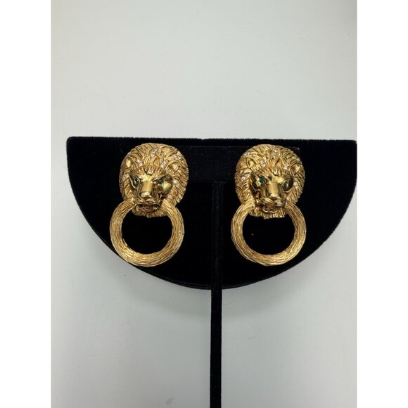 Vintage D’Orlan Gold Tone Lion Head Clip On Earrings Emerald Eyes 2” - Picture 9 of 14